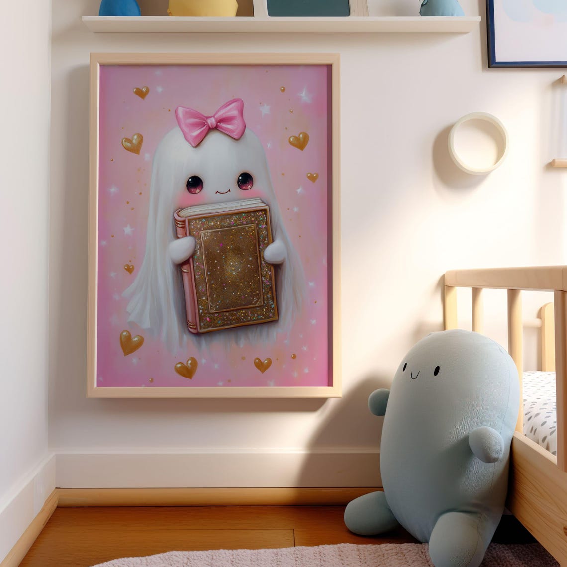 Cute Pink Ghost With Bow Holding Glitter Book Halloween Poster - Image 6