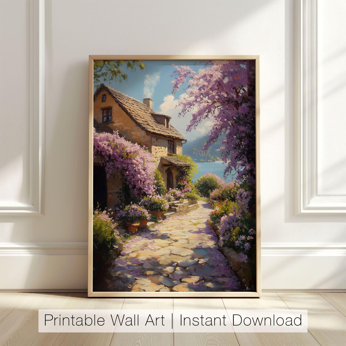Rustic Stone Cottage With Wisteria By Lake Floral Art Poster