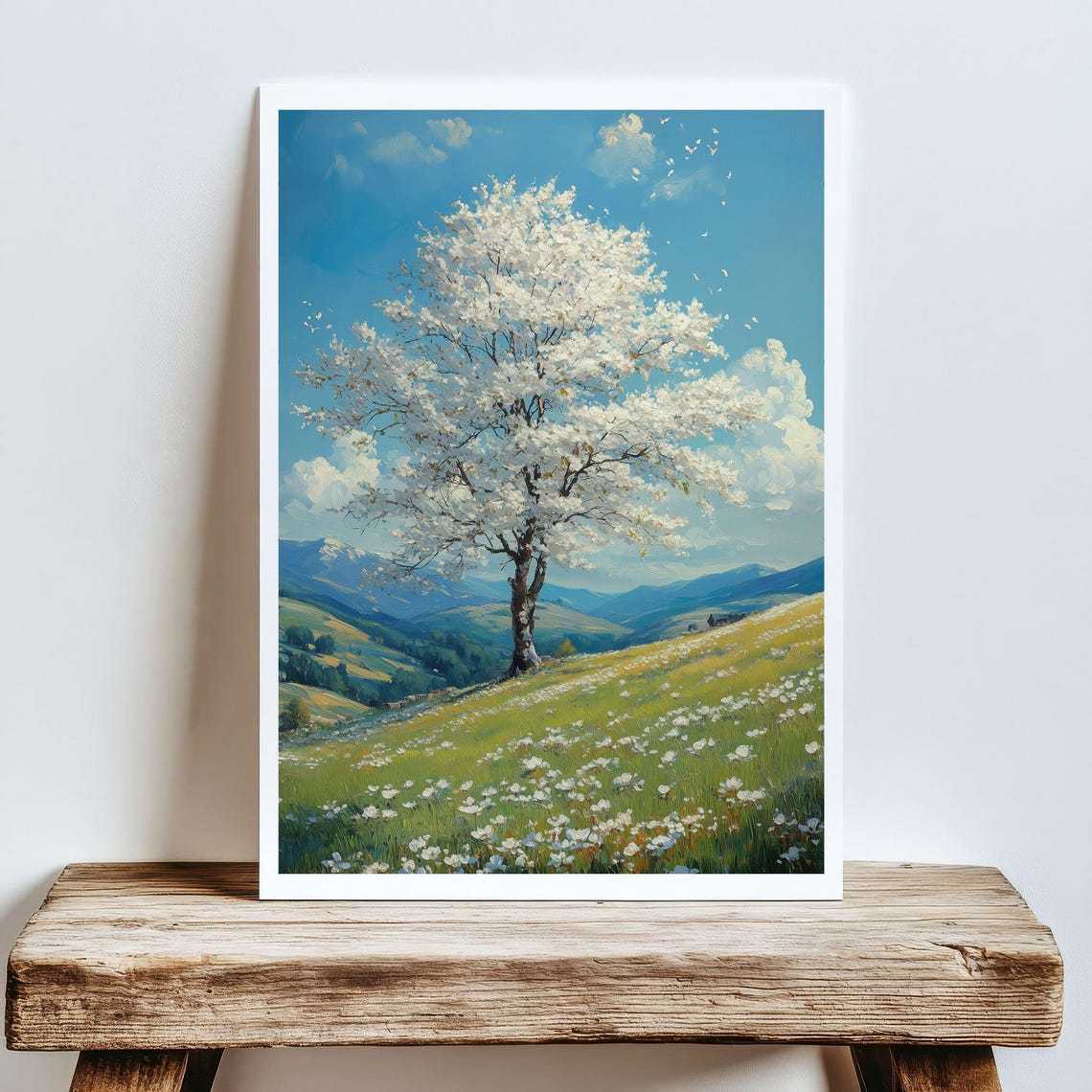 White Blossom Tree On Spring Hill With Wildflowers Art Poster - Image 5