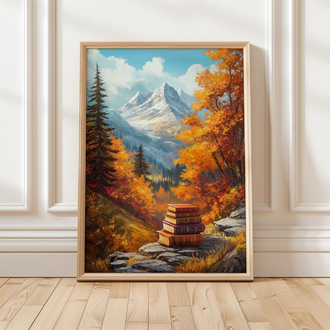 Autumn Mountain Landscape With Stack Of Books On Rocky Outcrop Poster