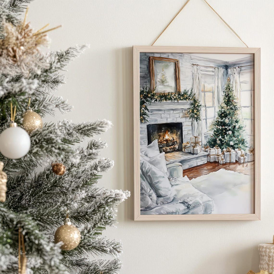 Cozy Christmas Living Room Watercolor Fireplace Scene Poster - Image 3