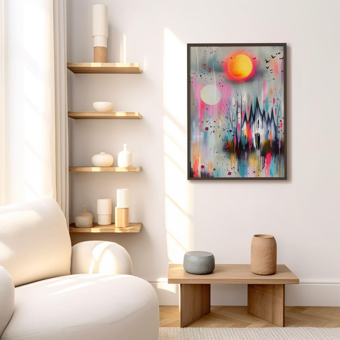 Colorful Gothic Castle Neon Drip Paint Haunted Sunset Wall Art - Image 8