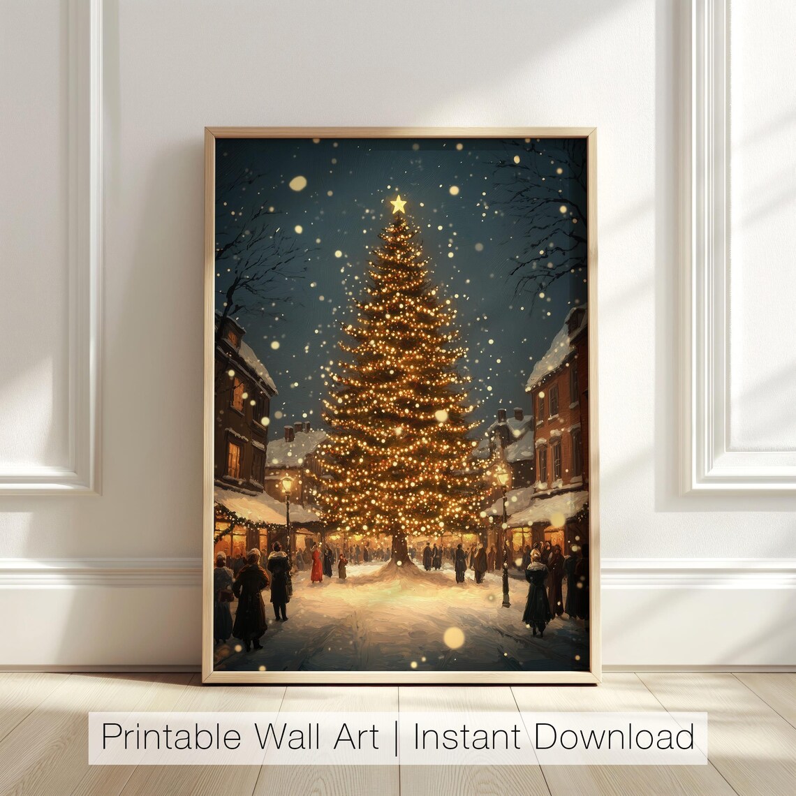 Glowing Vintage Christmas Tree In Snowy Village Square Poster