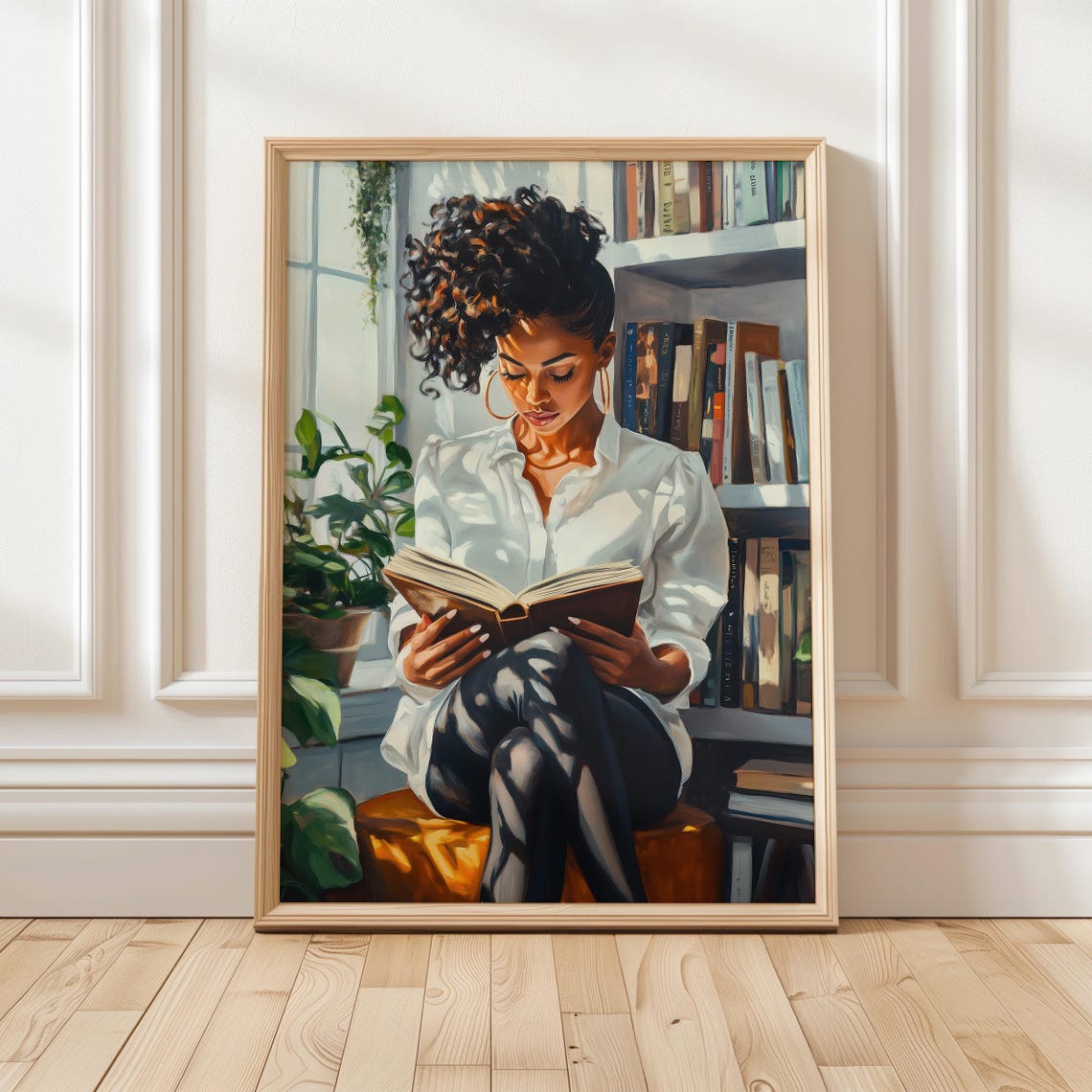 Black Woman With Curls Reading By Bright Window Bookshelf Poster