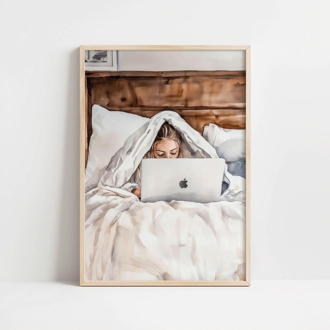 Cozy Woman In Bed With Laptop Work From Home Watercolor Poster - Image 8