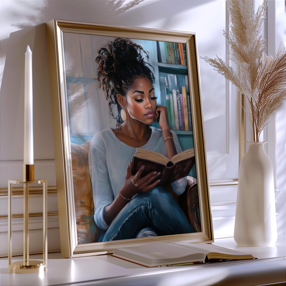 Beautiful Black Woman Reading Book by Window Cozy Library Scene Poster - Image 2