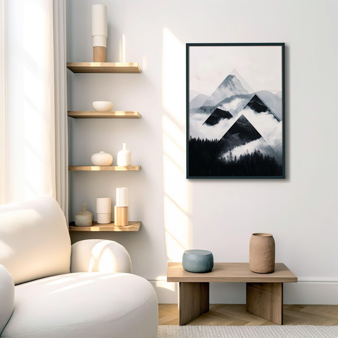 Geometric Triangle Black and White Foggy Mountain Landscape Poster - Image 7
