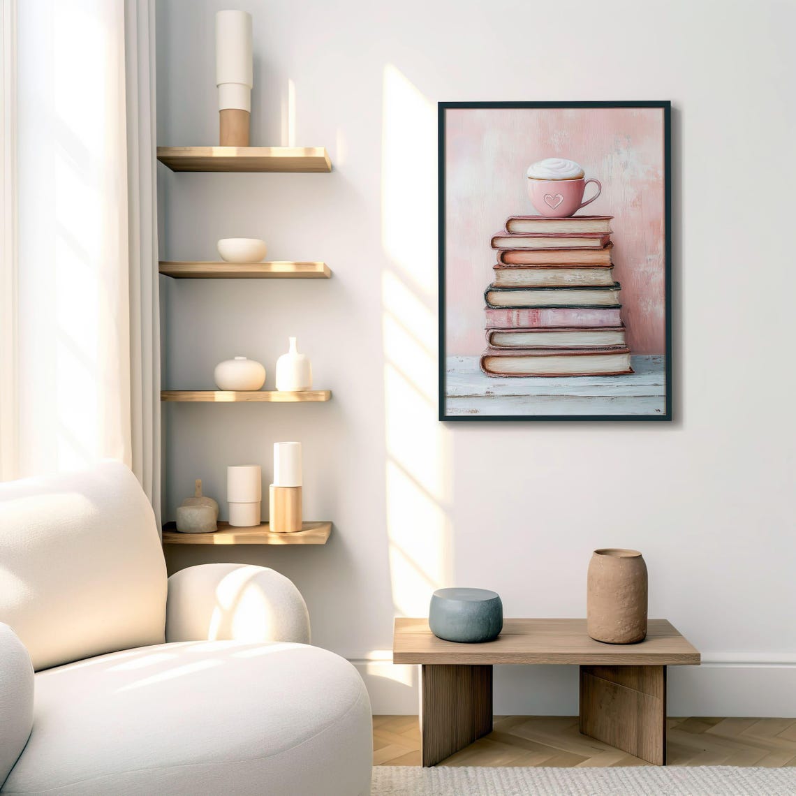 Pink Coffee Cup on Stack of Books Shabby Chic Reading Nook Poster - Image 3