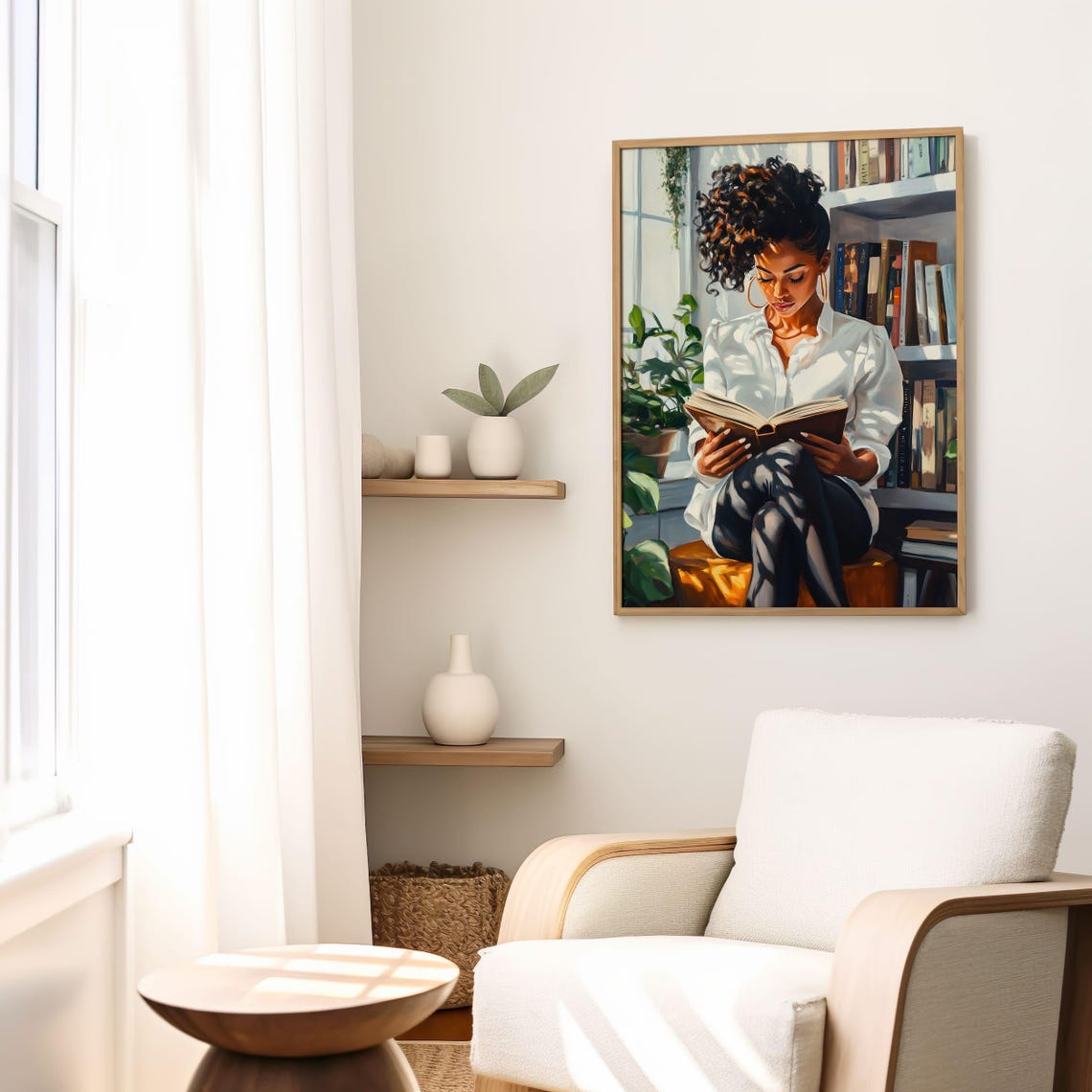 Black Woman With Curls Reading By Bright Window Bookshelf Poster - Image 2