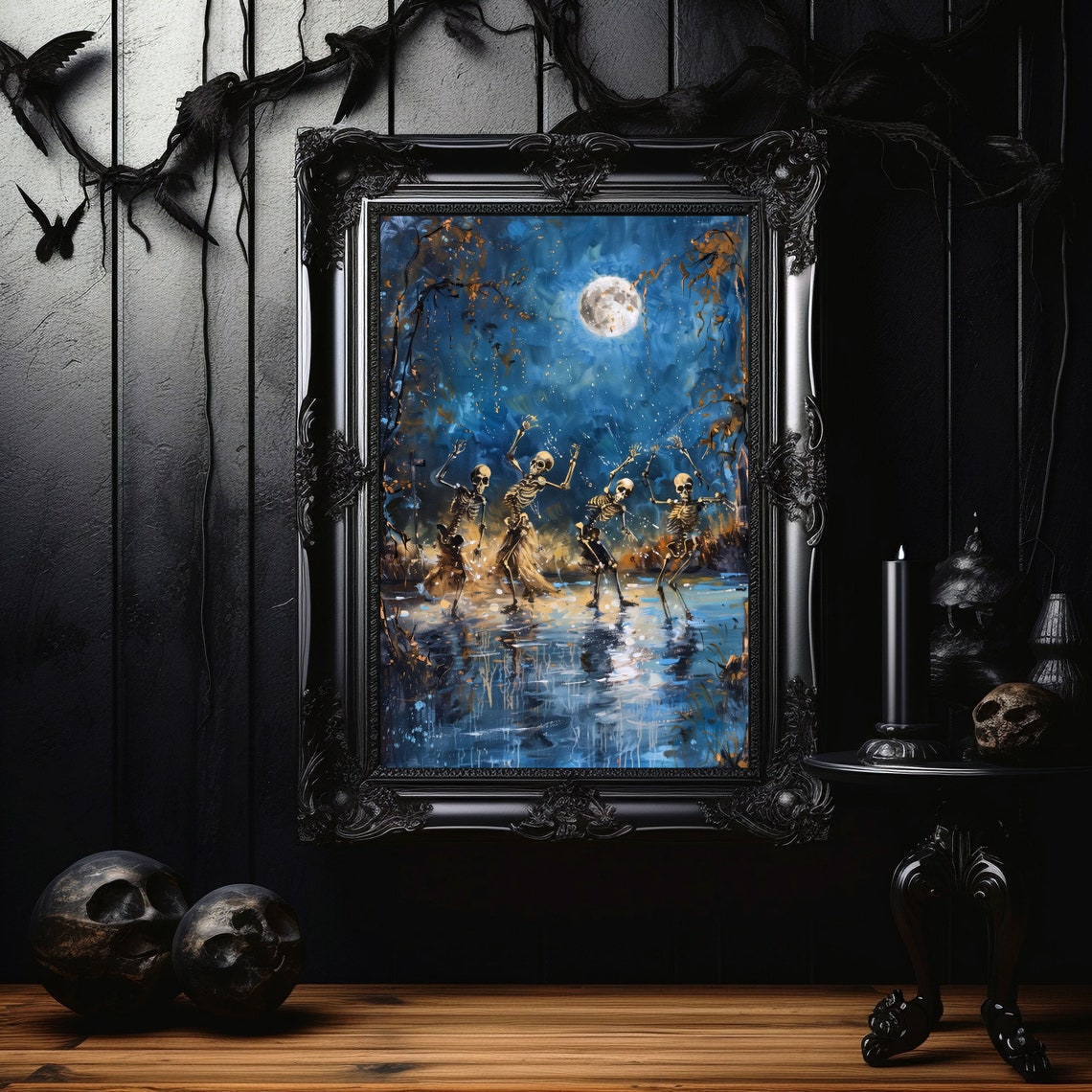 Dancing Skeletons Under Full Moon Spooky Halloween Night Poster - Image 4