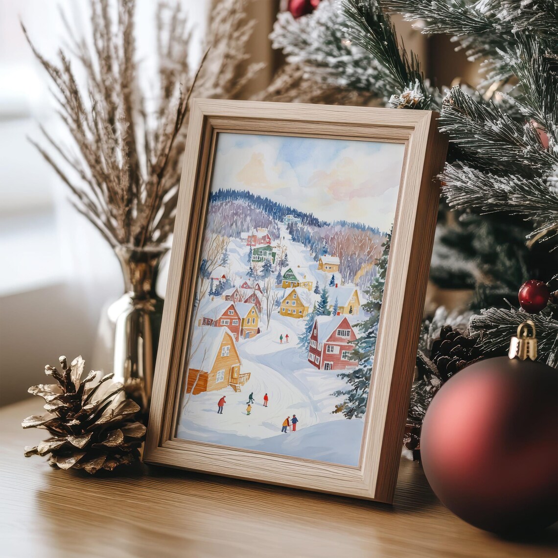 Snowy Winter Village Watercolor Ski Town Scene Holiday Art Poster - Image 3