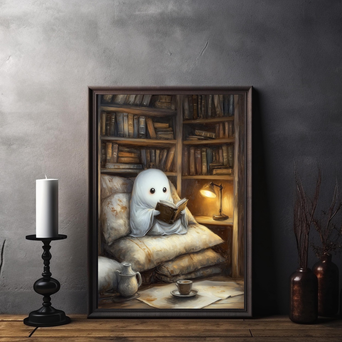 Cozy Ghost Library Art Print, Bookish Halloween Decor - Image 7