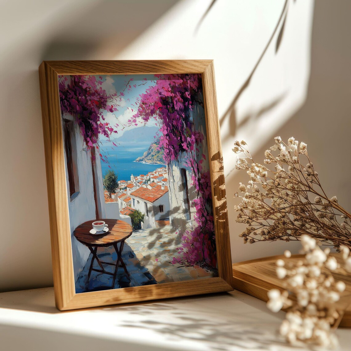 White Alley Bougainvillea Sea View Coffee Table Coastal Village Scene Poster - Image 2