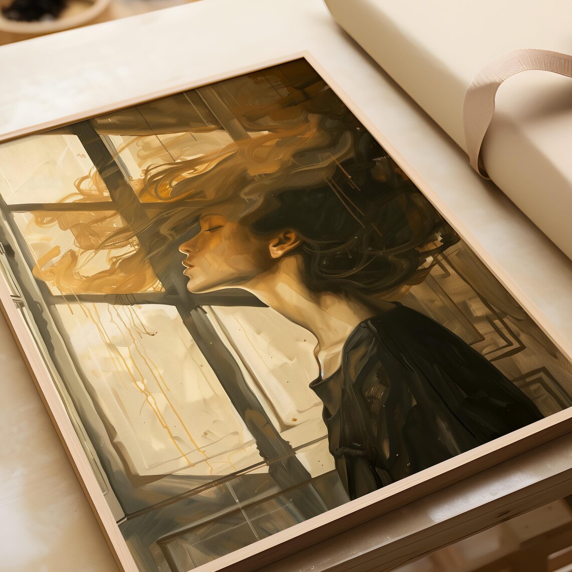 Dreamy Woman Golden Windblown Hair Window Portrait Art Poster - Image 7