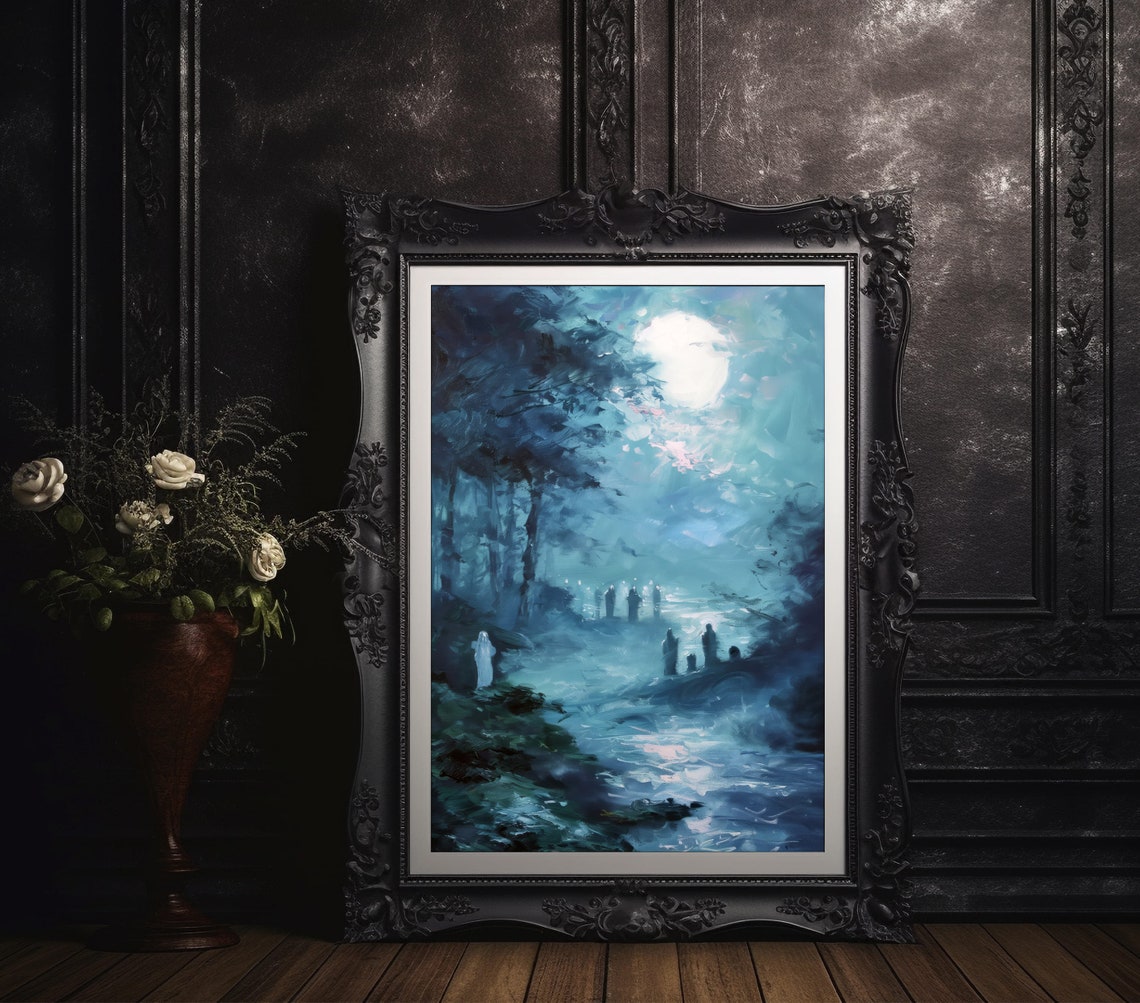 Moonlit Forest With Ghostly Figures Spooky Teal Gothic Art Poster - Image 8