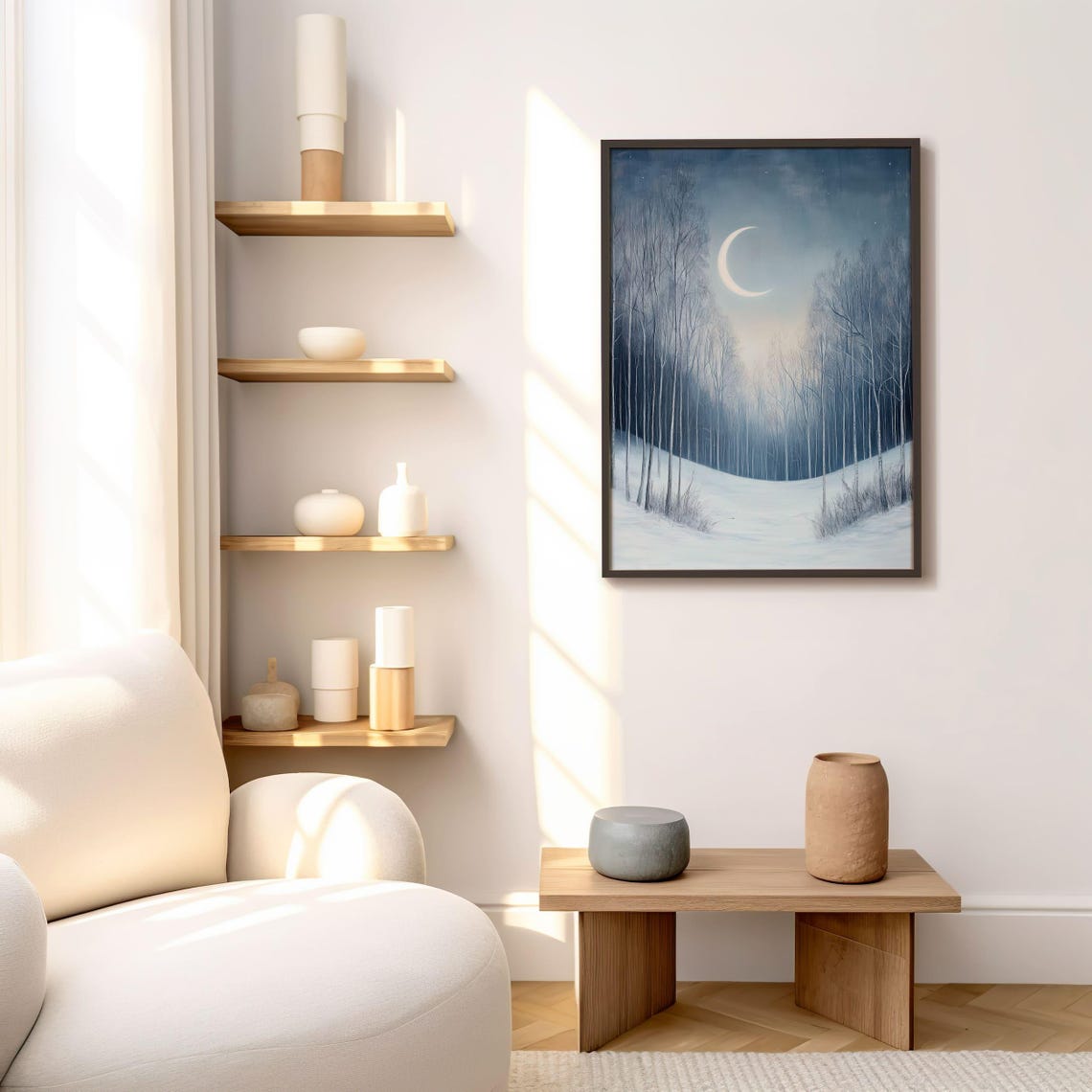 Glowing Crescent Moon Over a Snowy Winter Birch Forest Poster - Image 6