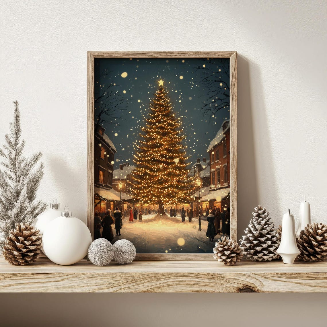 Glowing Vintage Christmas Tree In Snowy Village Square Poster - Image 2