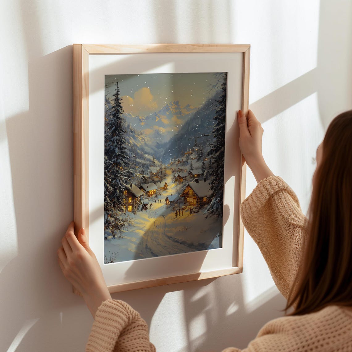 Snowy Village at Dusk with Glowing Cabins Winter Mountain Scene Poster - Image 5