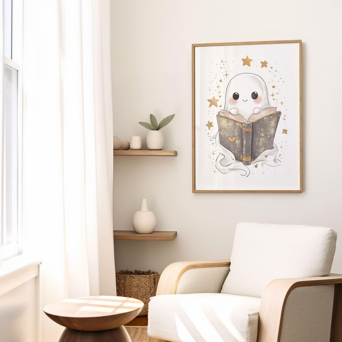 Kawaii Ghost Reading Book Gold Stars Cute Halloween Bookish Poster - Image 3