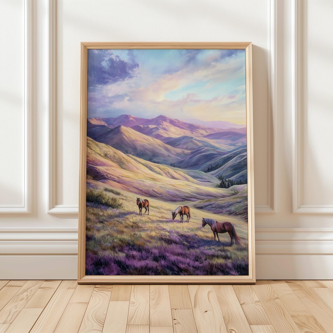 Wild Horses Grazing In Purple Mountain Meadow At Sunset Poster