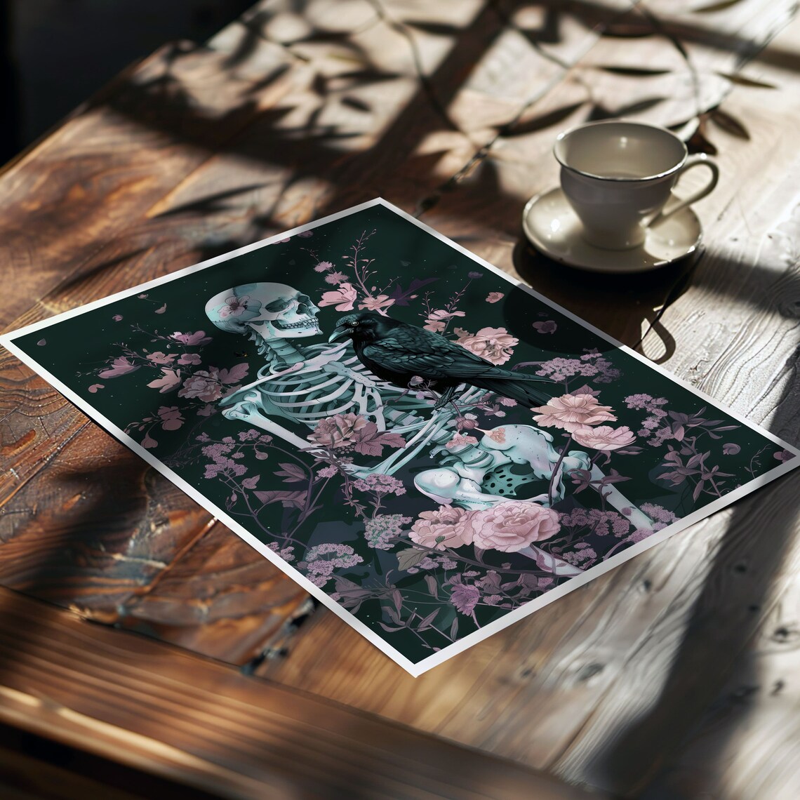 Skeleton And Raven Among Pink Blossoms Dark Gothic Floral Art Poster - Image 6