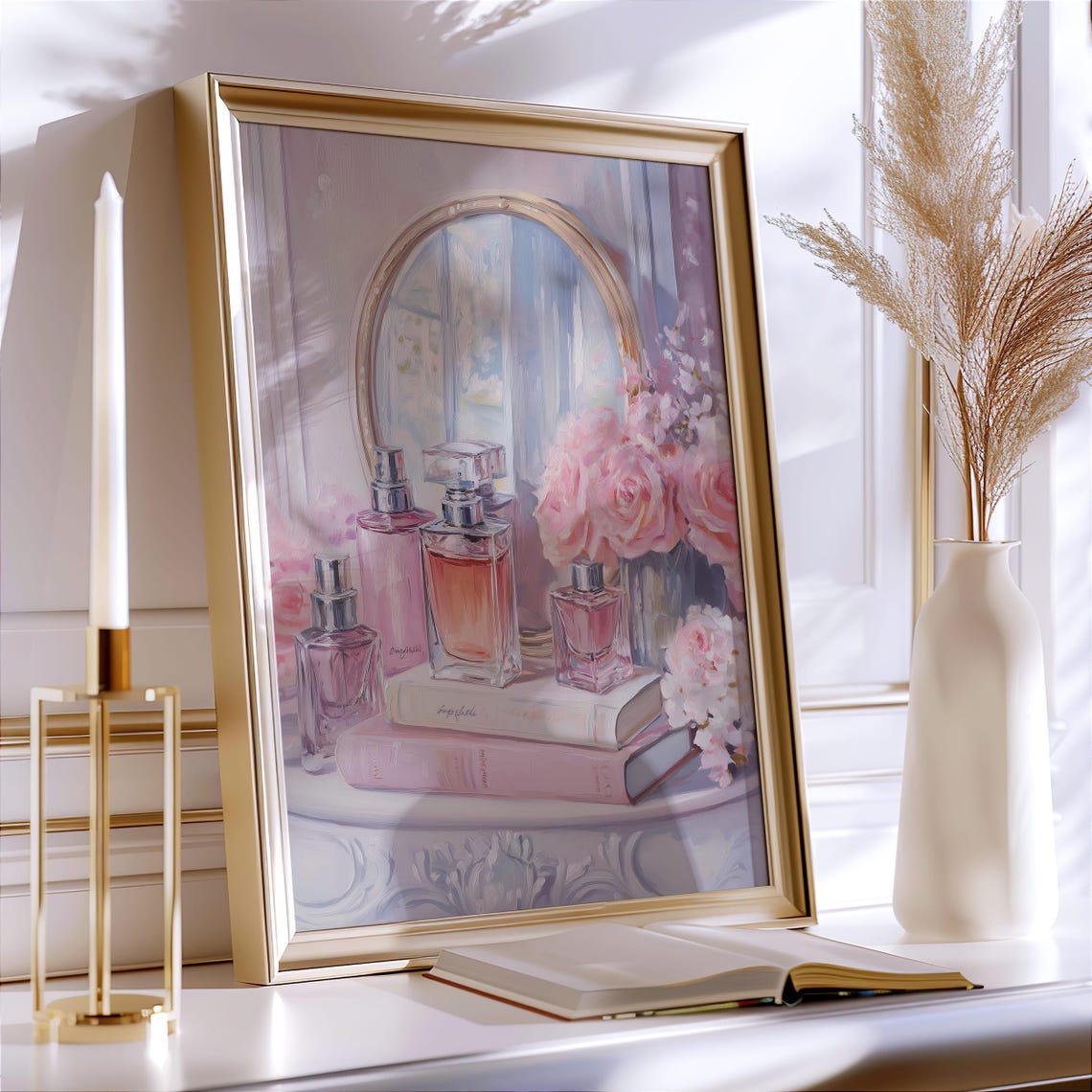 Pink Perfume Bottles and Books Shabby Chic Floral Art Poster - Image 8