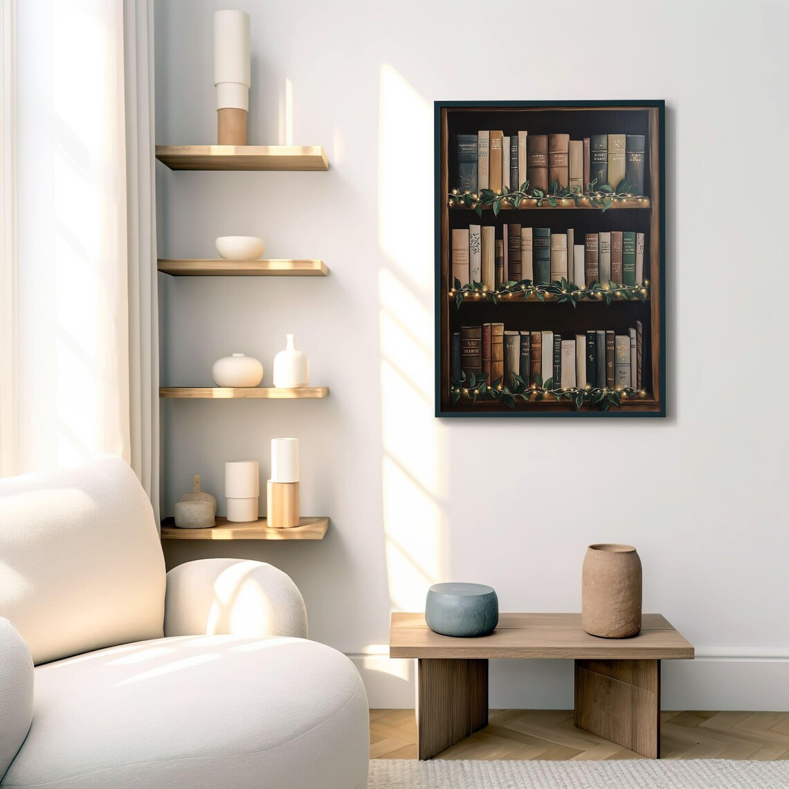 Cozy Vintage Bookshelf with Twinkling Fairy Lights Library Decor Poster - Image 3