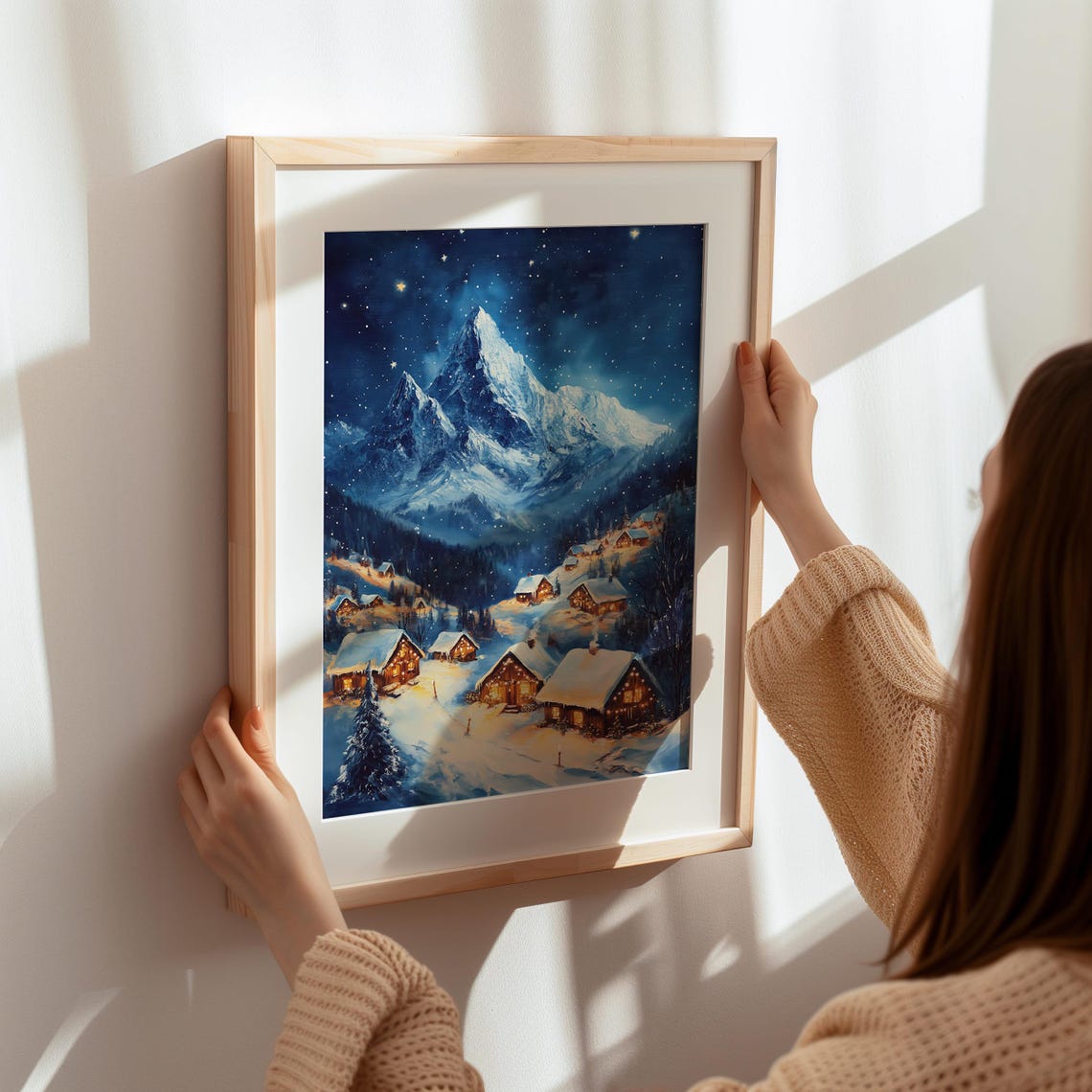 Starry Night Snowy Village Beneath Towering Mountain Peaks Poster - Image 5