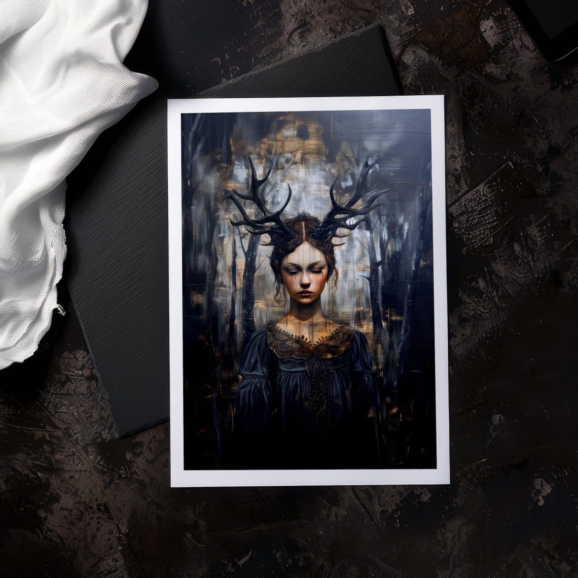 Gothic Antlered Woman Dark Forest Mystery Portrait Art Poster - Image 5
