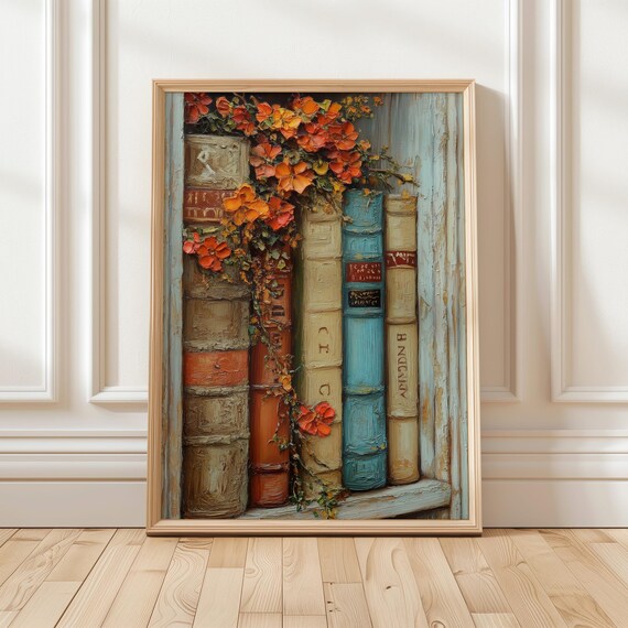 Vintage Books With Orange Flowers Impasto Oil Painting Poster