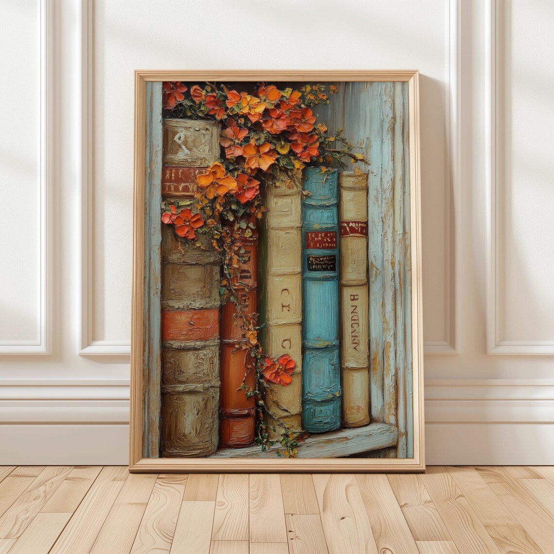 Vintage Books With Orange Flowers Impasto Oil Painting Poster