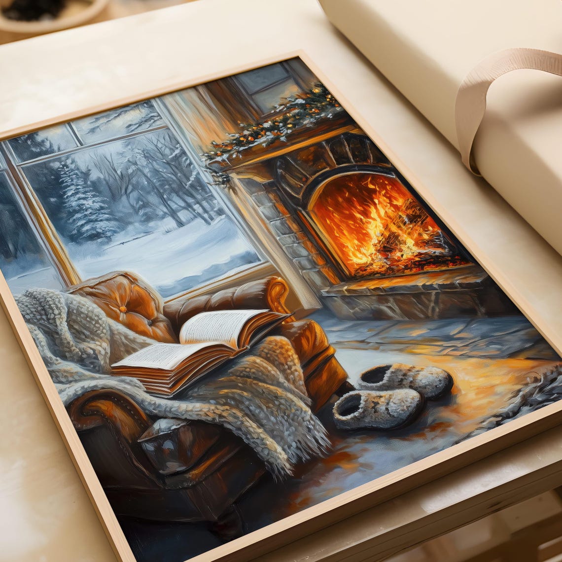 Cozy Reading Nook by Fireplace With Snowy Window View Poster - Image 4