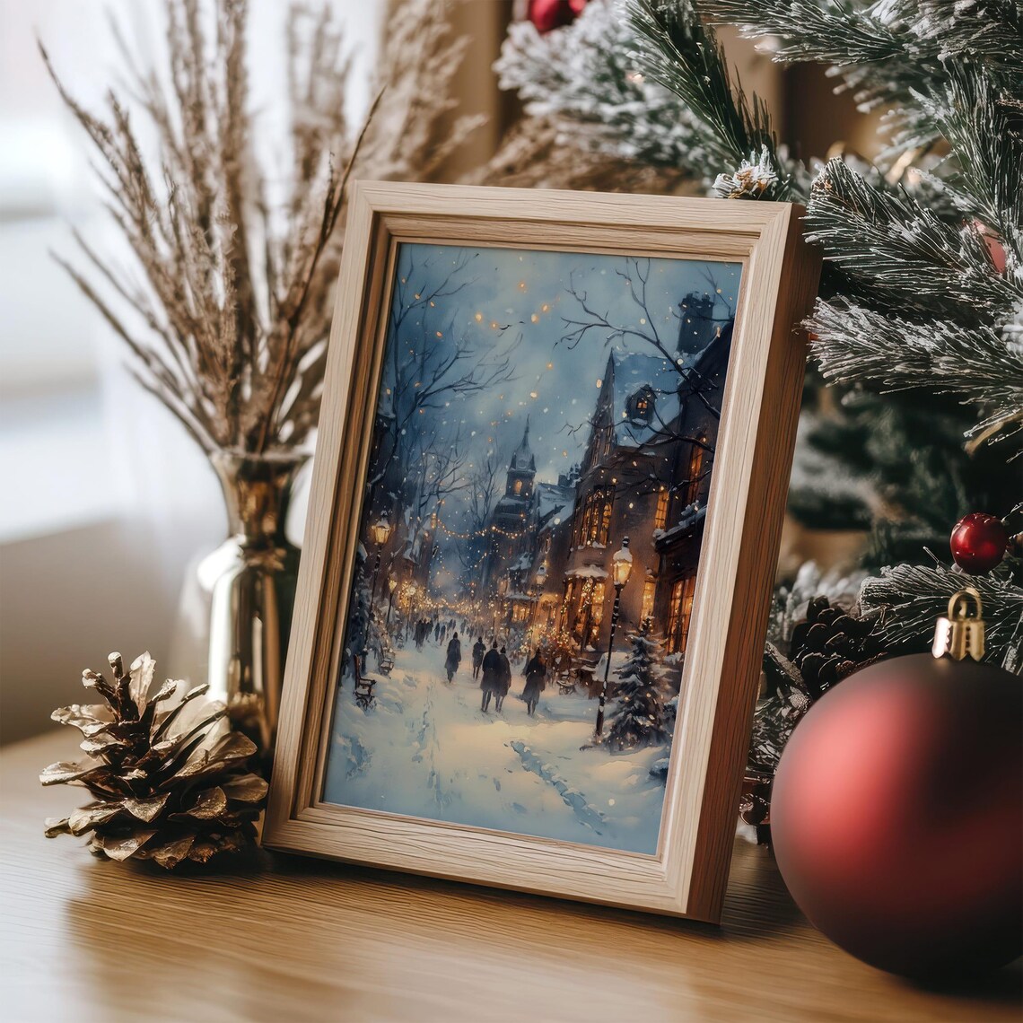 Winter Night Town Art Print, Snowy Street Holiday Decor - Image 5