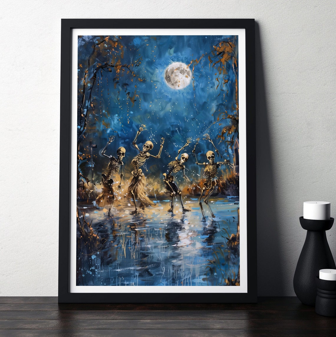 Dancing Skeletons Under Full Moon Spooky Halloween Night Poster - Image 8
