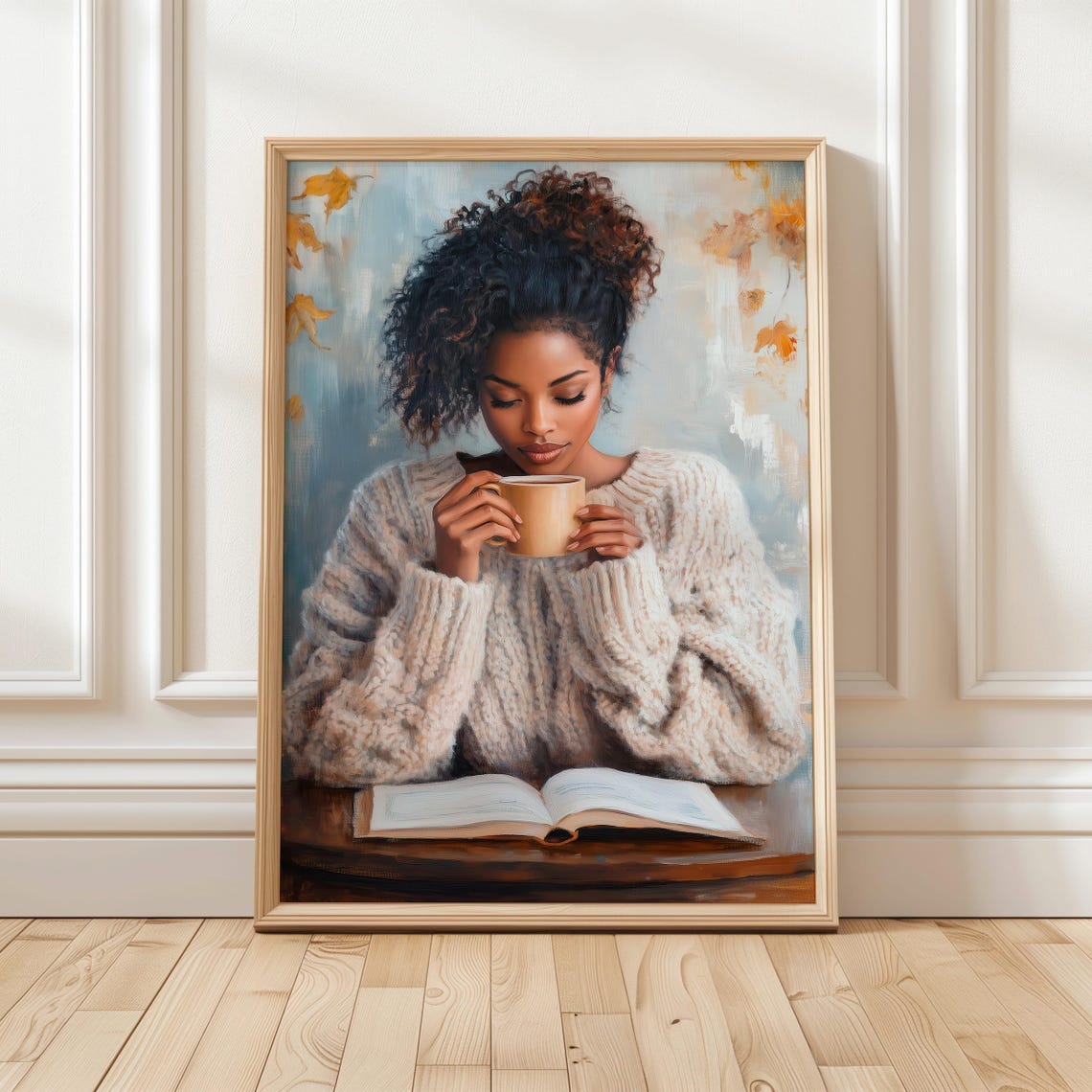 Black Woman In Knit Sweater With Coffee Autumn Reading Poster