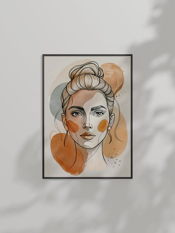 Elegant Woman Portrait Line Art Poster With Bun And Terracotta Abstract