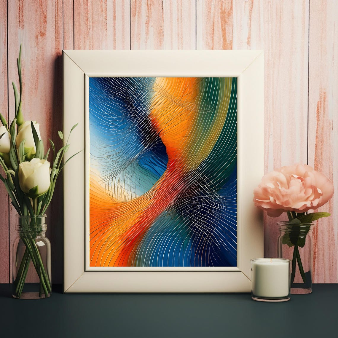 Orange Blue Flowing Line Wave Abstract Dynamic Modern Wall Art