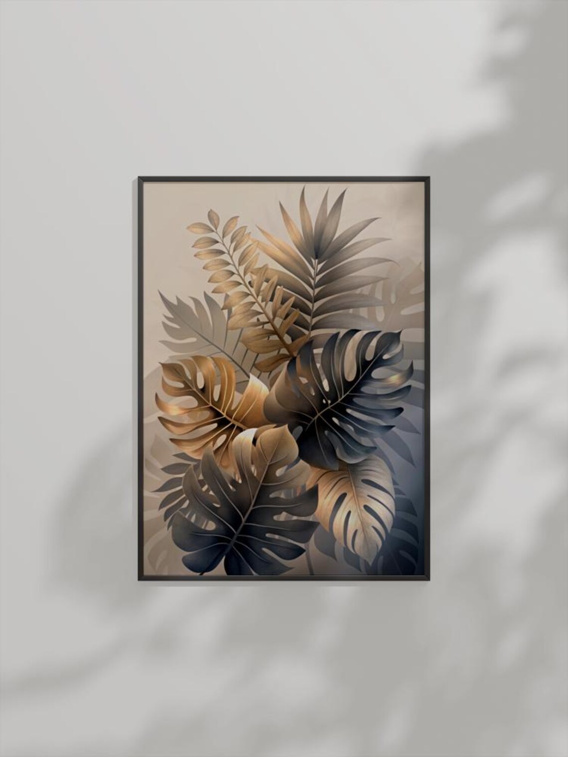 Gold And Grey Tropical Leaves Print Botanical Wall Art Modern Monstera Palm Decor Instant