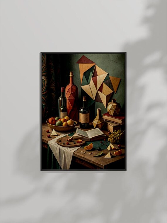 Cubist Still Life Wine Bottles Fruit Geometric Vintage Art Poster