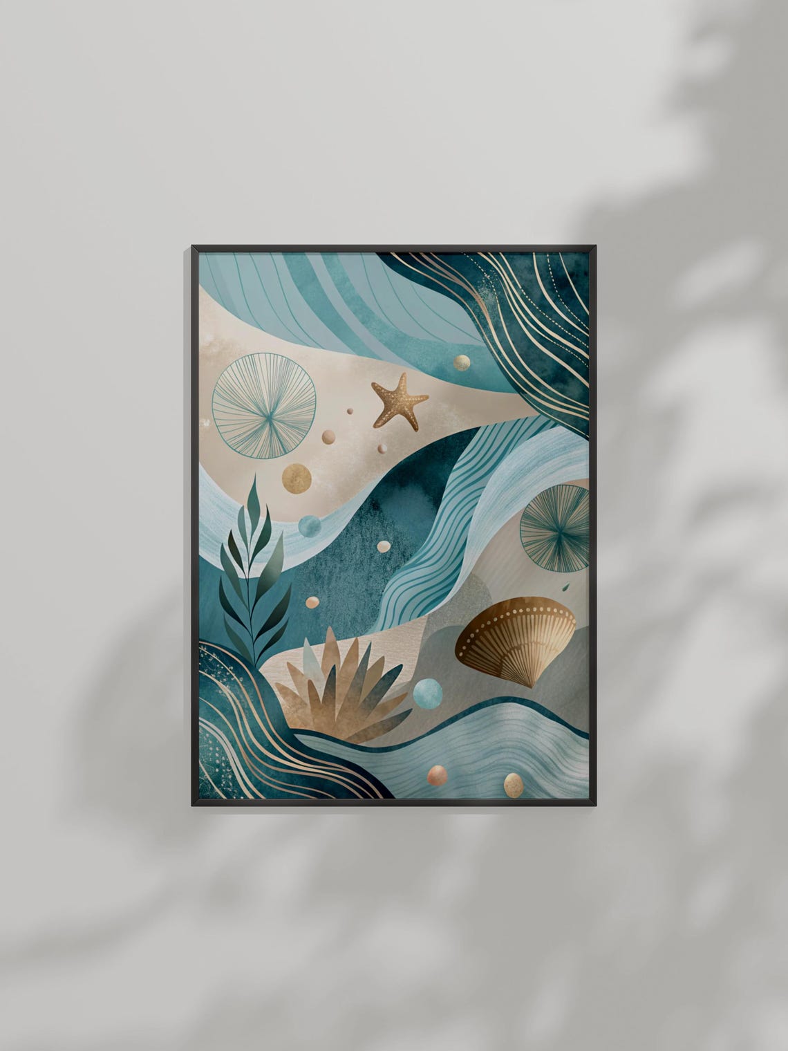 Coastal Ocean Abstract Poster Teal Waves Shells Starfish And Gold Sand
