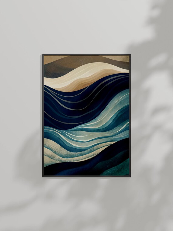 Abstract Ocean Waves in Navy Teal and Cream Modern Coastal Art Poster