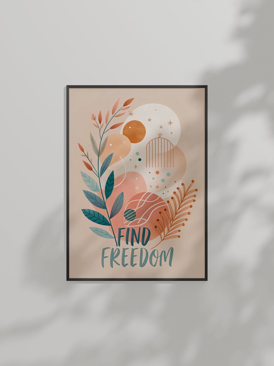 Find Freedom Quote Botanical Art Inspirational Birdcage Teal Poster