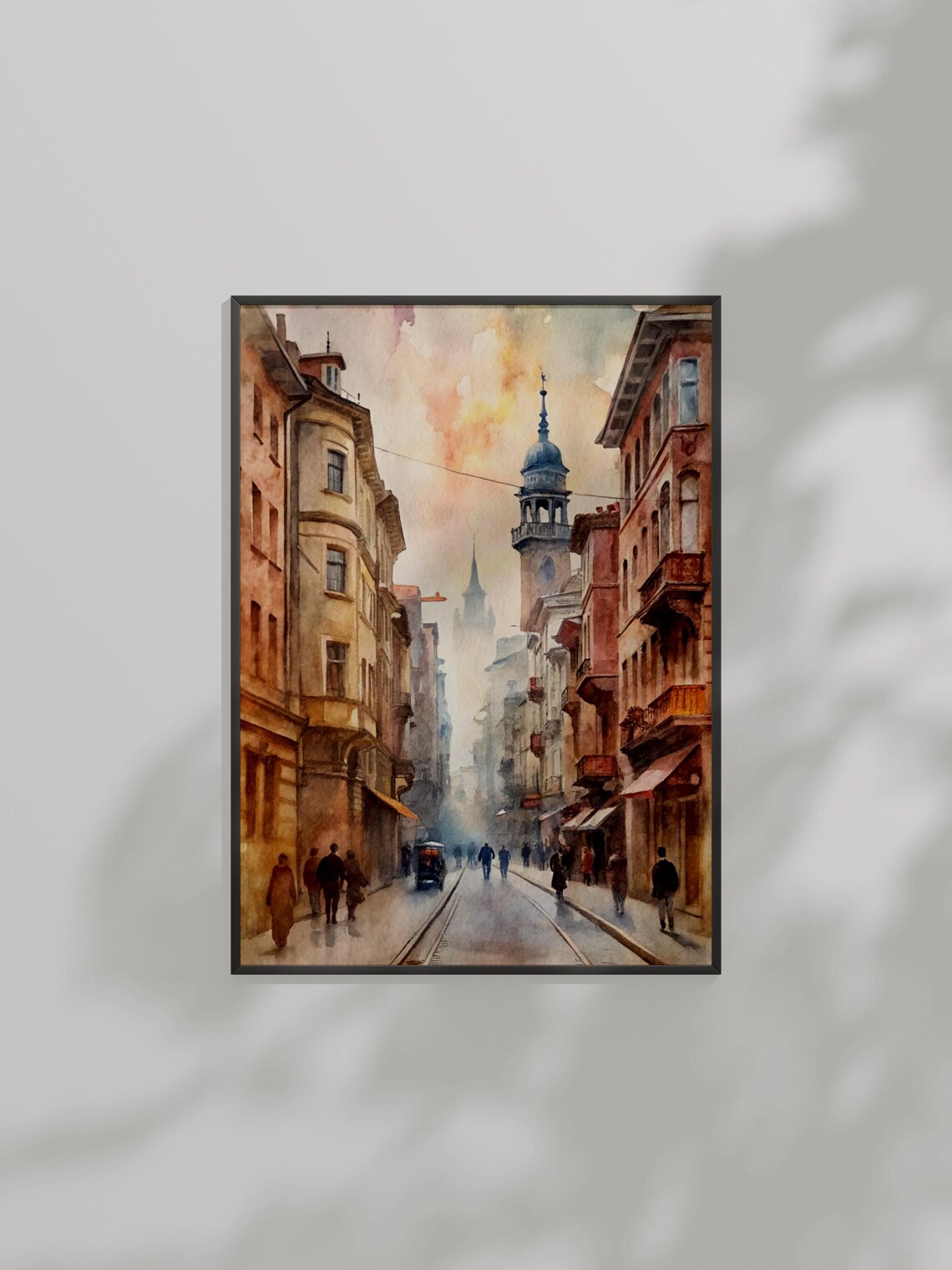European Old Town Street Watercolor Tram Historic Tower Sunset Poster Art