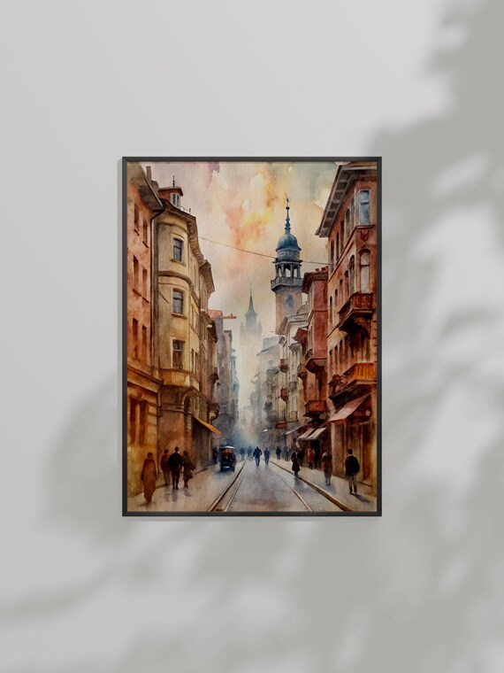 European Old Town Street Watercolor Tram Historic Tower Sunset Poster Art