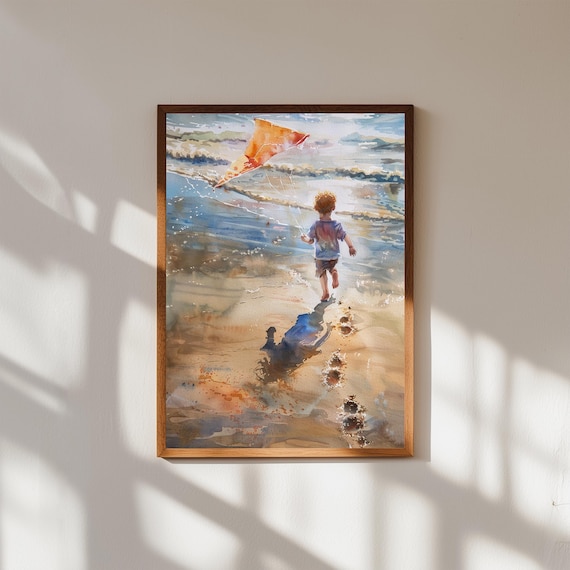 Child Running With Kite On Beach Watercolor Childhood Memories Poster