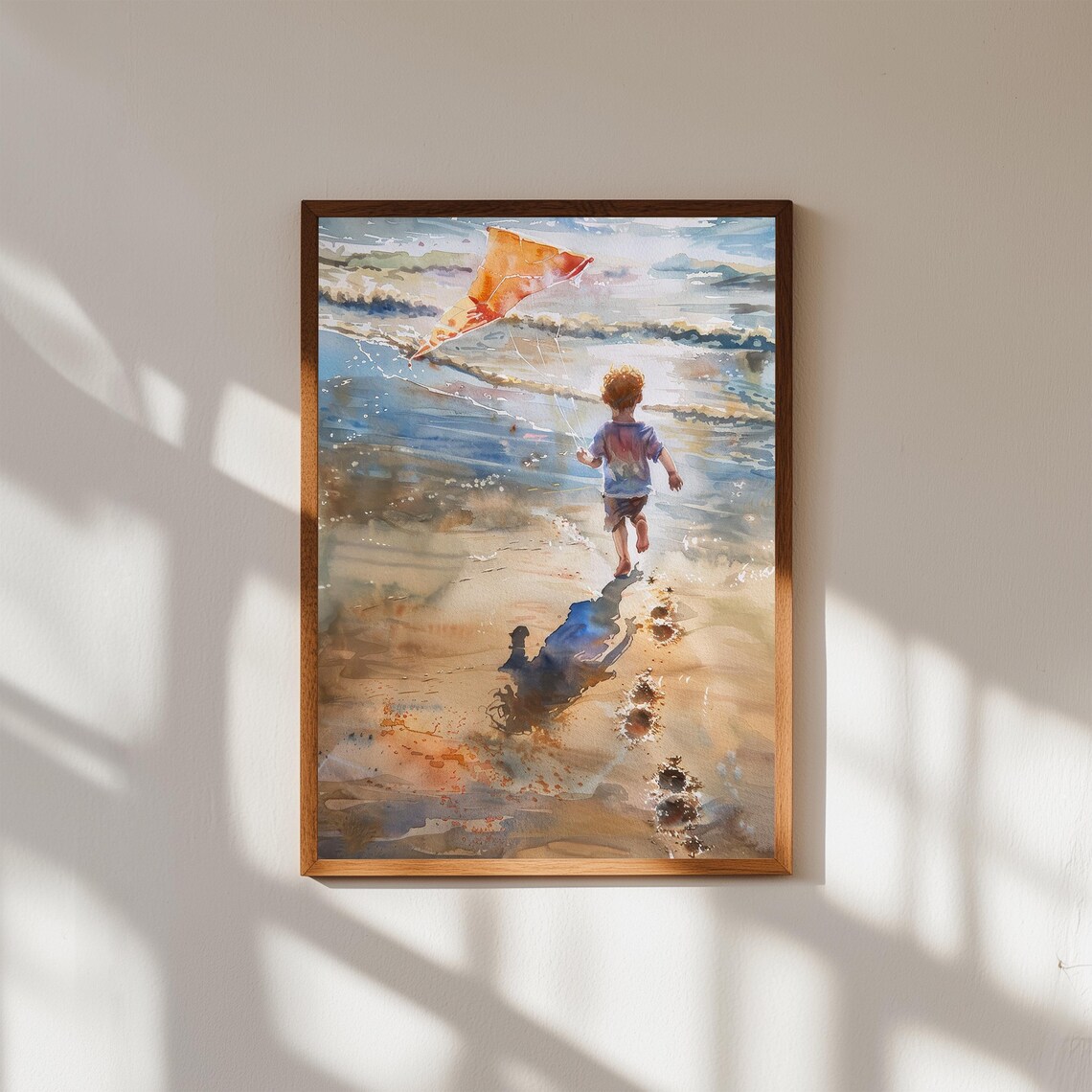 Child Running With Kite On Beach Watercolor Childhood Memories Poster