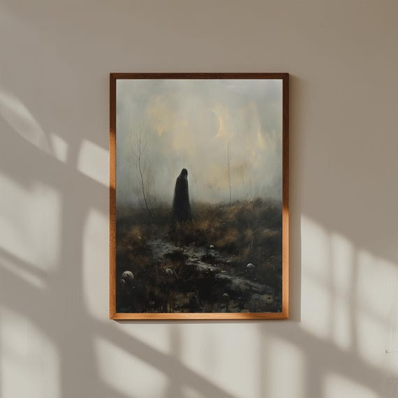 Hooded Figure On Foggy Moor Under Crescent Moon Gothic Poster
