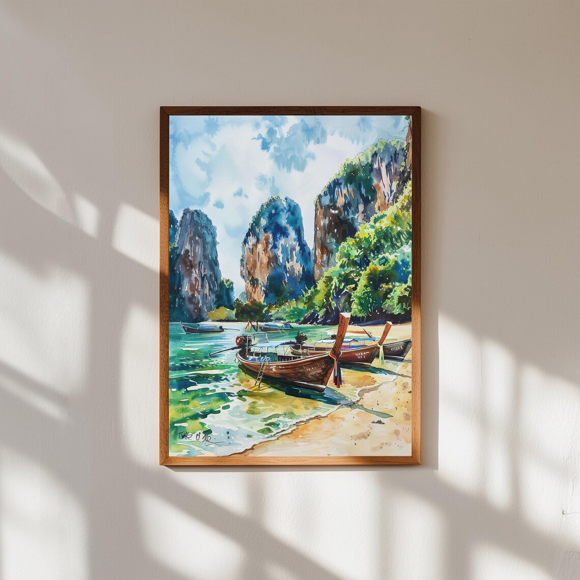 Thailand Longtail Boats Tropical Beach Watercolor Painting Print