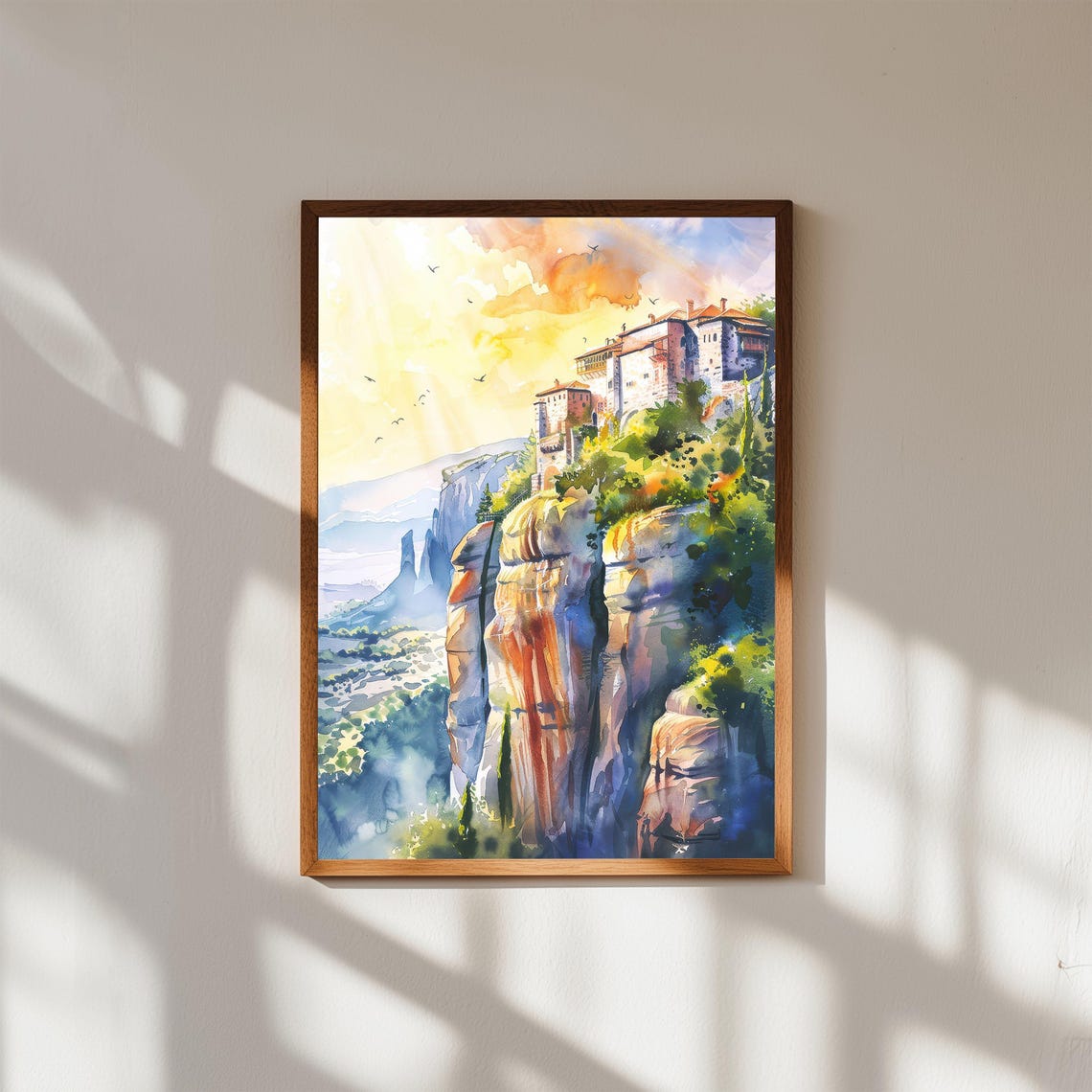 Meteora Greece Cliffside Monastery Sunset Watercolor Landscape Poster