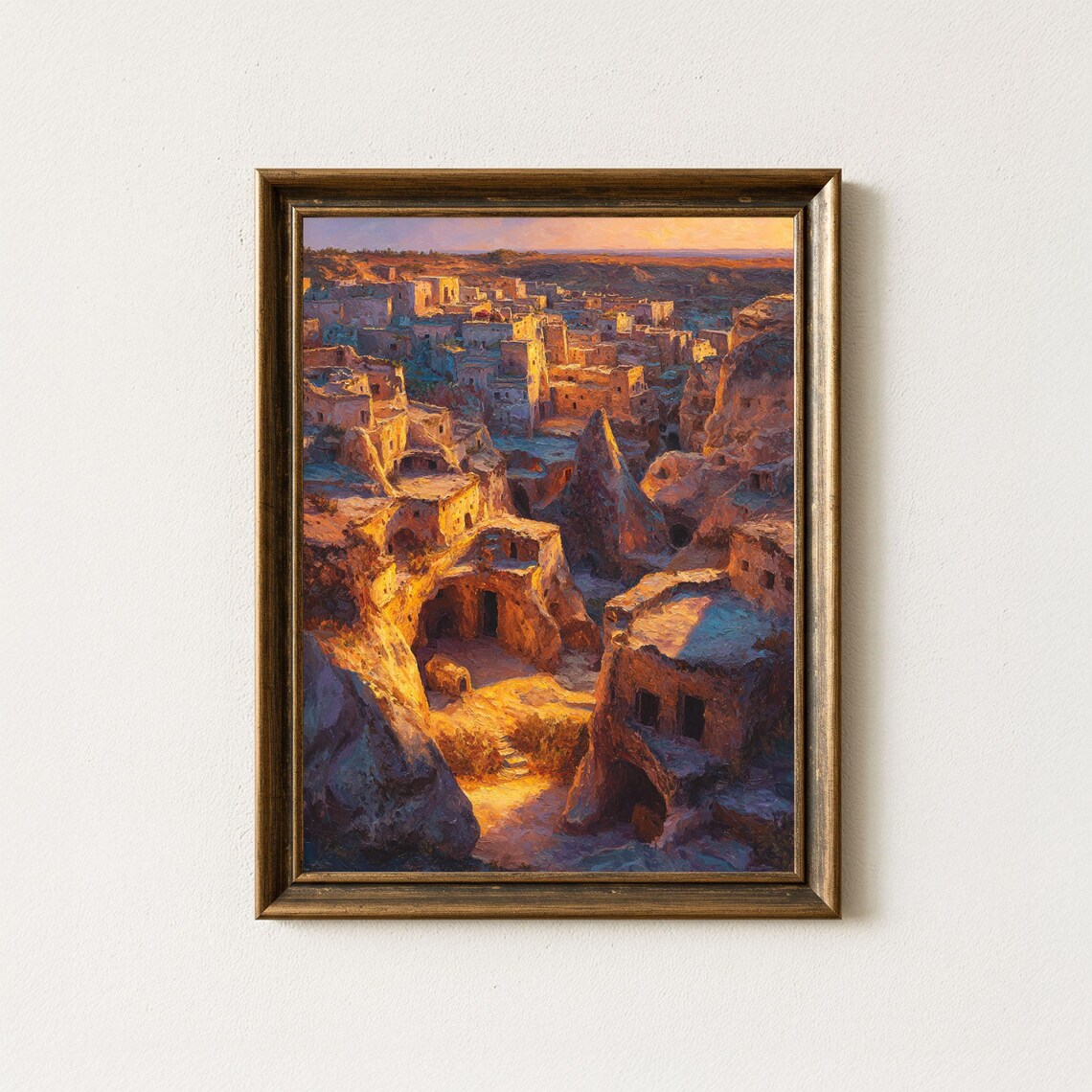 Cappadocia Sunset Painting Turkey Cave Town Golden Light Oil Art Print